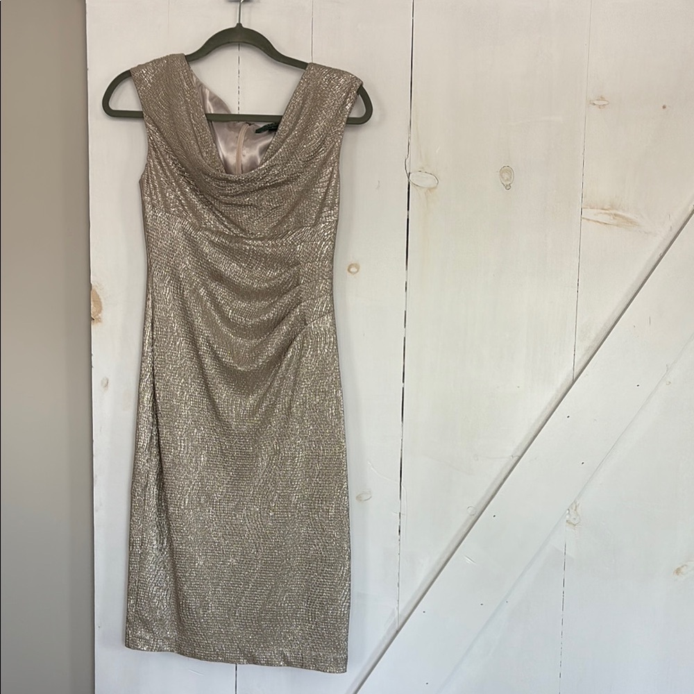 Lauren Ralph Lauren Brown Gold Sheath Midi Dress Cowl Neck Sleeveless